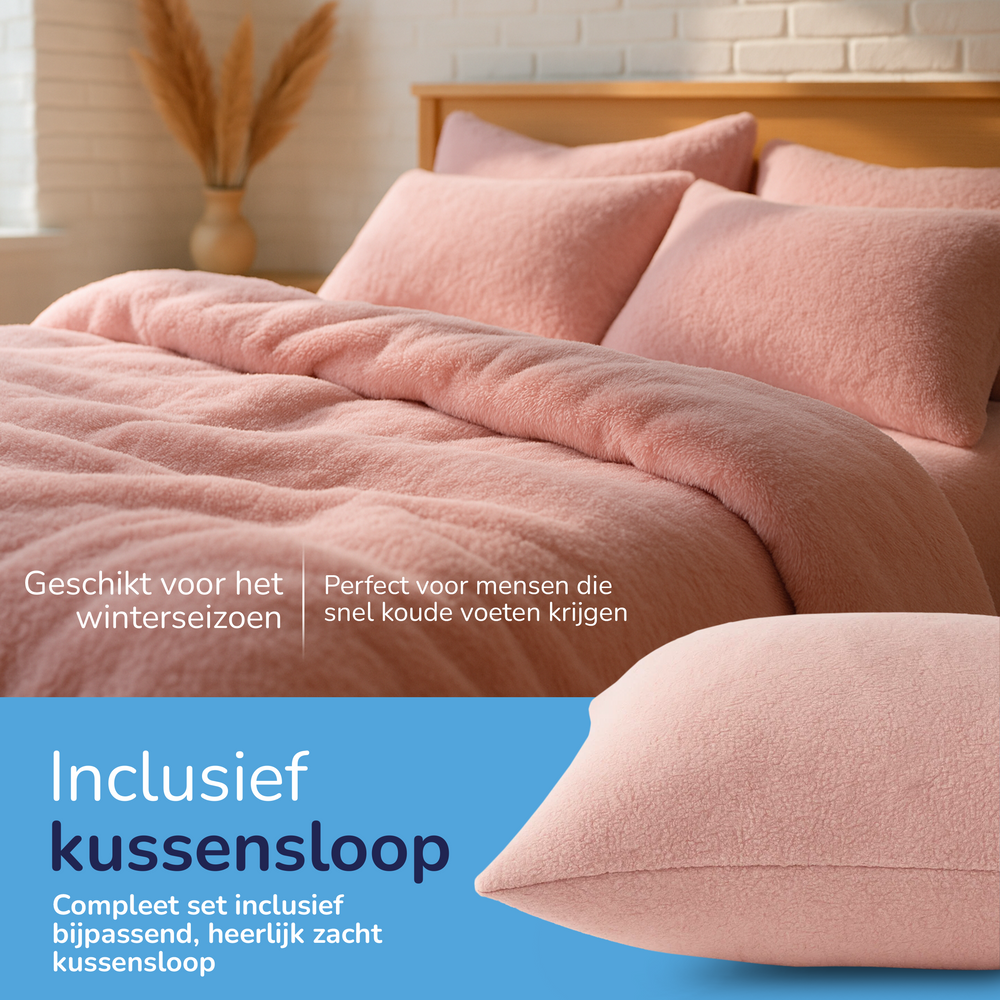 Teddy fleece dekbedovertrek - Roze - Dubbelzijdig Teddy