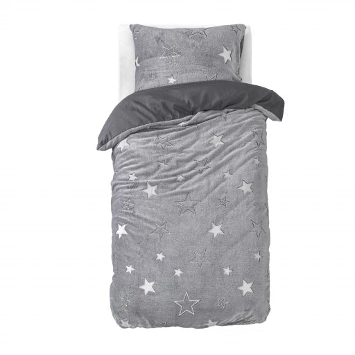 Teddy Fleece kinderdekbedovertrek - Glow in the dark - Stars - Grijs