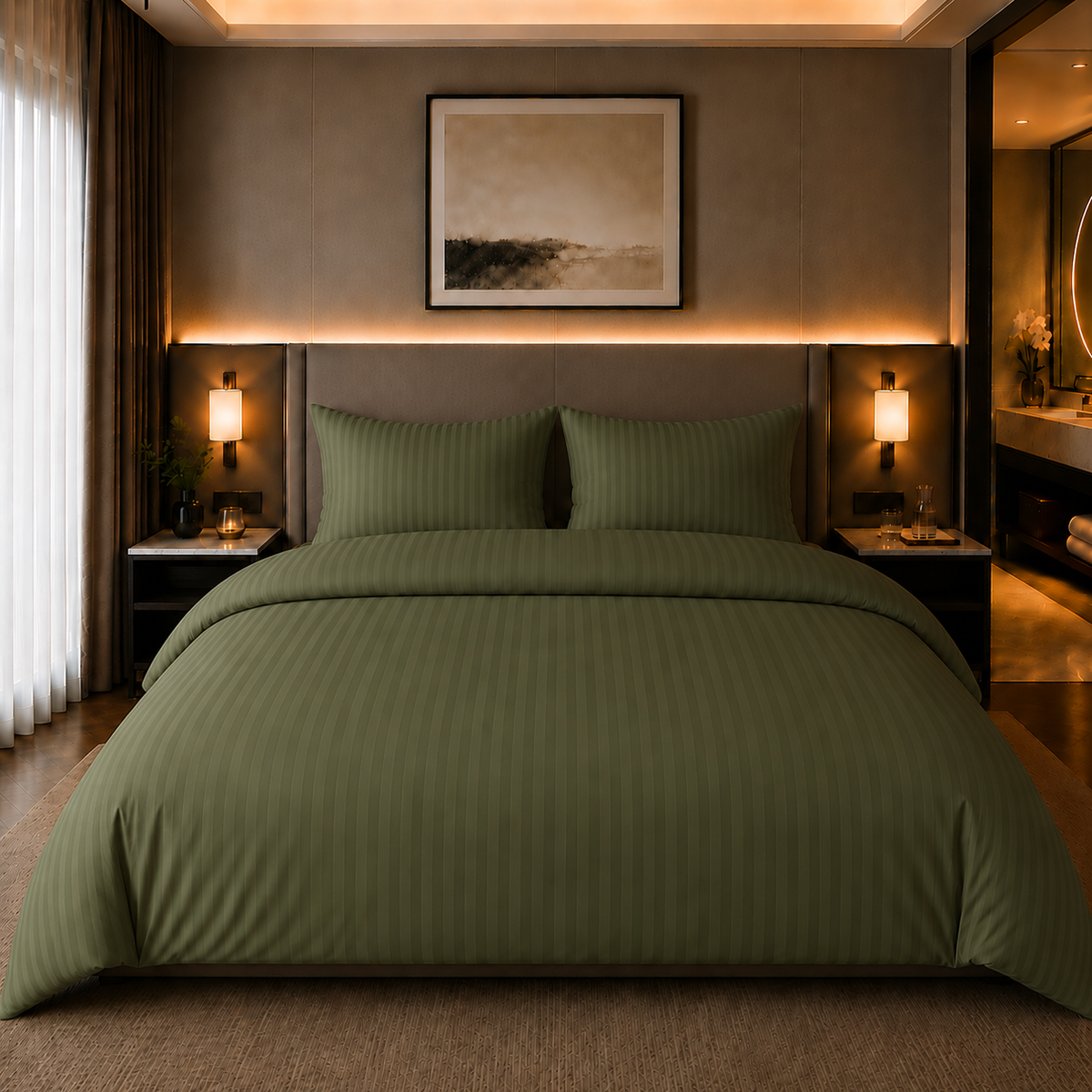 Dekbedovertrek Hotelstreep - groen - katoensatijn