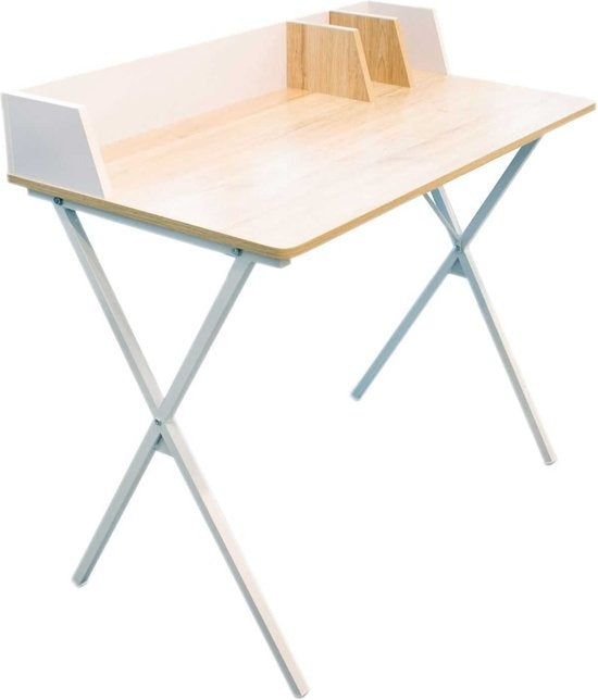 Bureautje met houten blad en wit schotje en onderstel