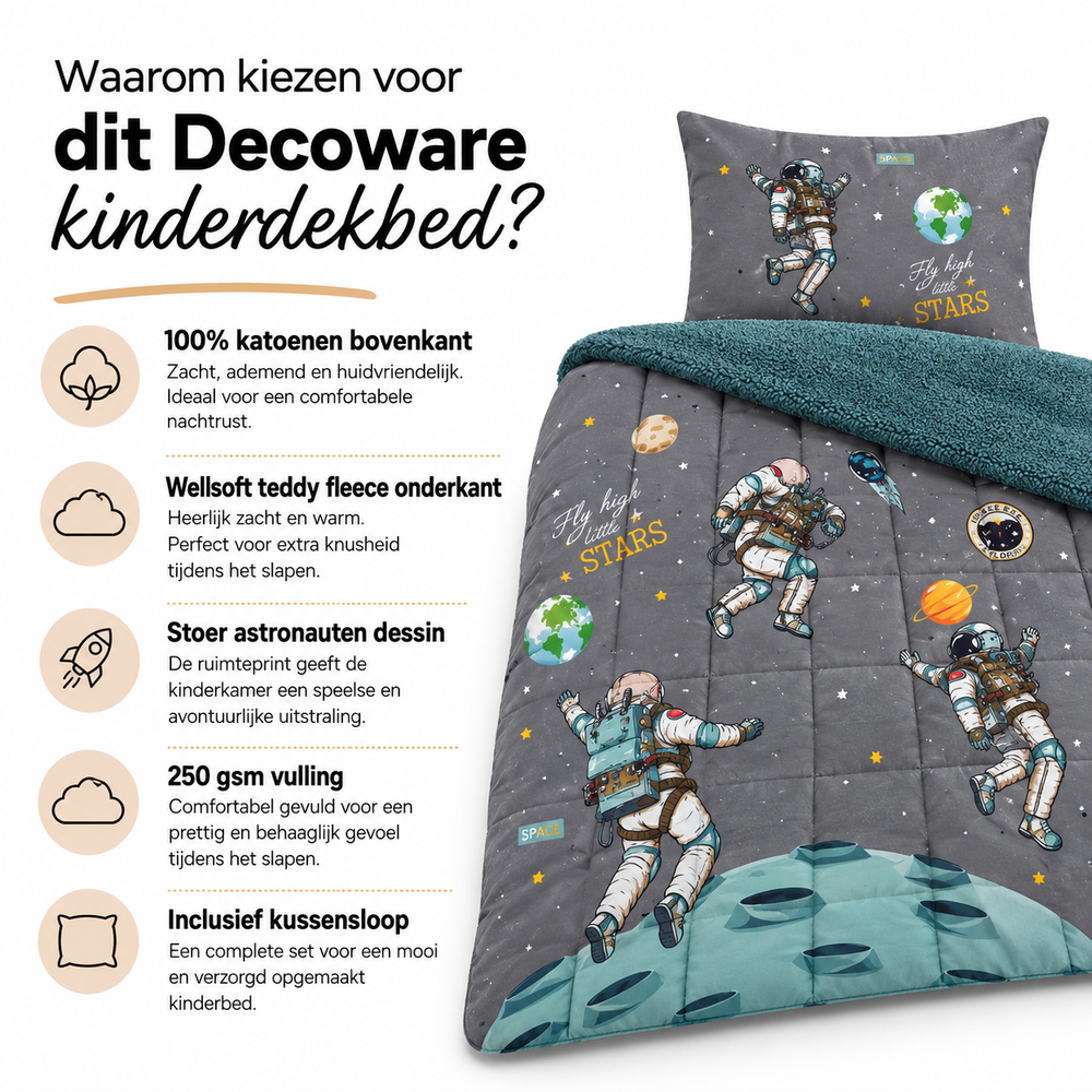 Decoware kinderdekbed zonder overtrek Space - Teddy - Katoen - Incl. kussensloop - 140x220 cm