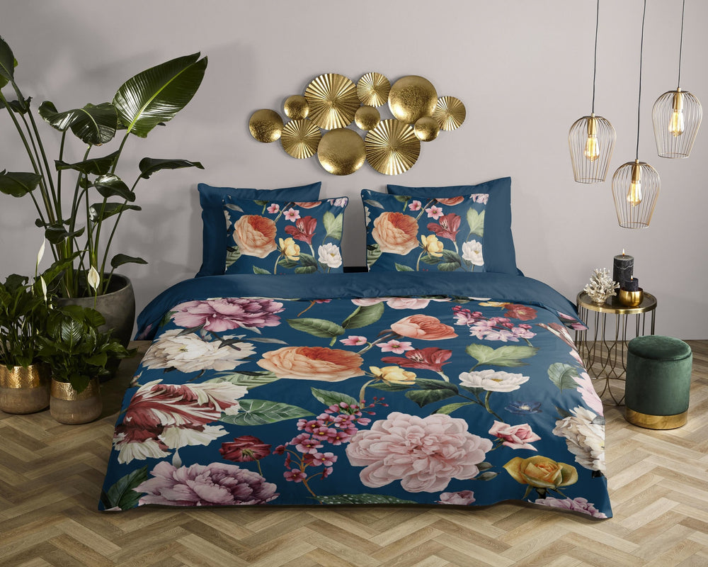 Descanso dekbedovertrek Fiori - blauw - katoensatijn - eenpersoons - 140x220 + 60x70cm
