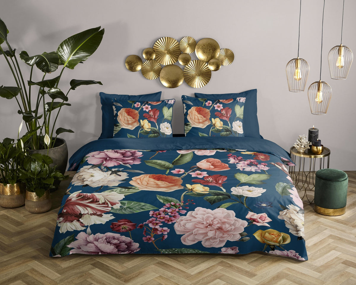 Descanso dekbedovertrek Fiori - blauw - katoensatijn - eenpersoons - 140x220 + 60x70cm