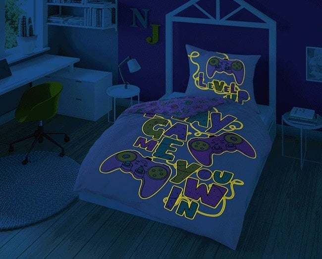 Glow in the dark kinderdekbedovertrek Level up - katoen