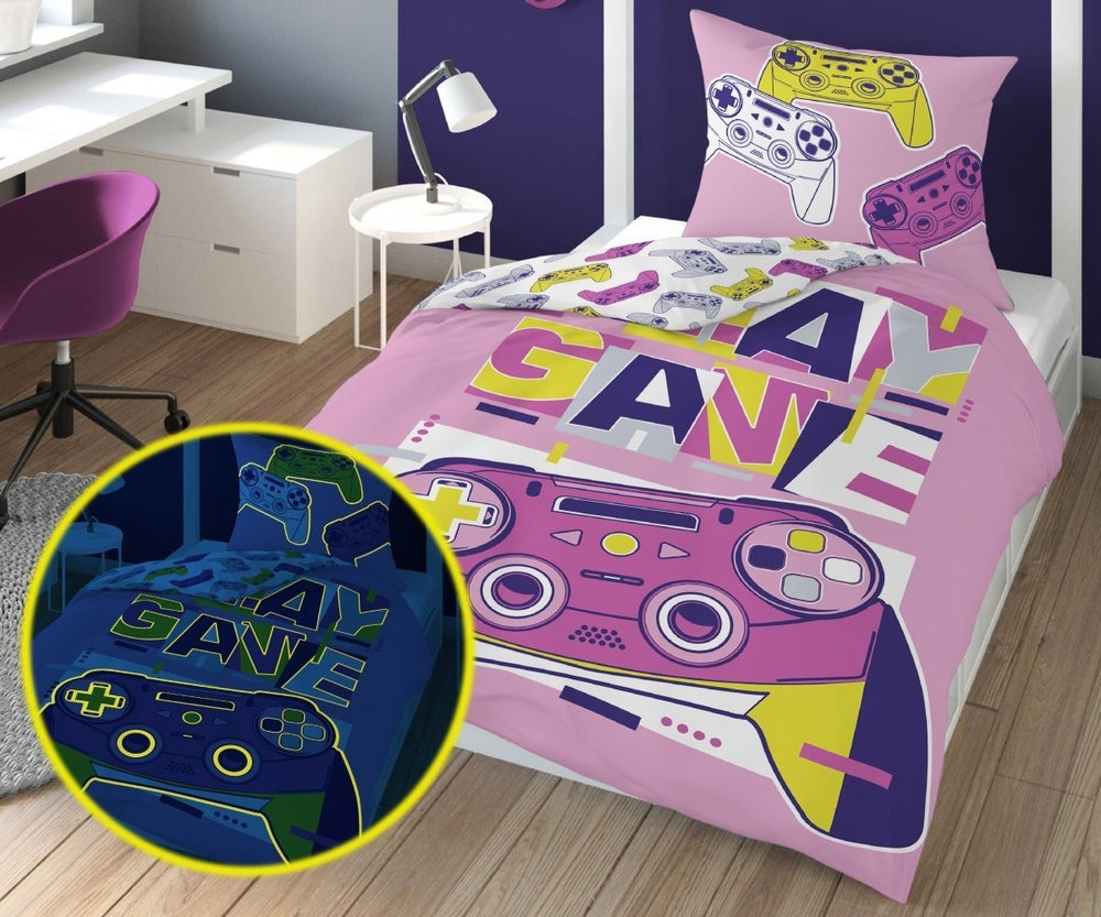 Glow in the dark kinderdekbedovertrek Game roze - katoen
