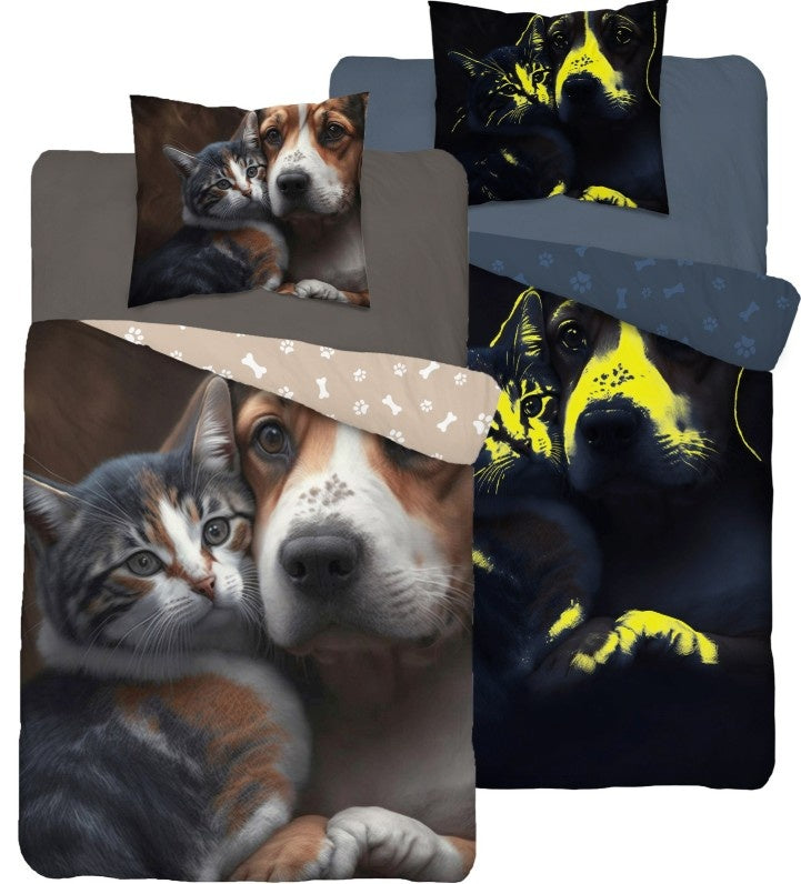 Glow in the dark kinderdekbedovertrek Hond en poes - katoen