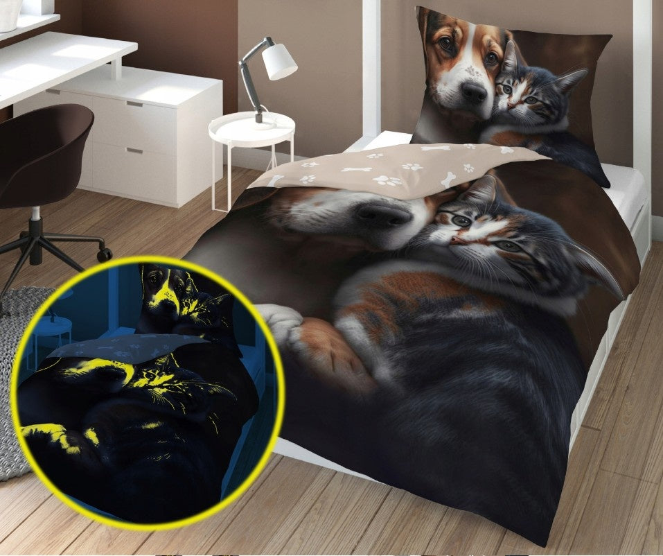 Glow in the dark kinderdekbedovertrek Hond en poes - katoen