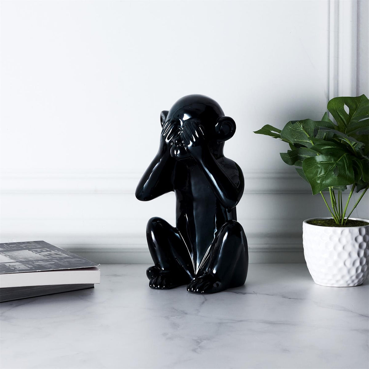 Decoratieve aap - hoogte 30cm - zwart keramiek