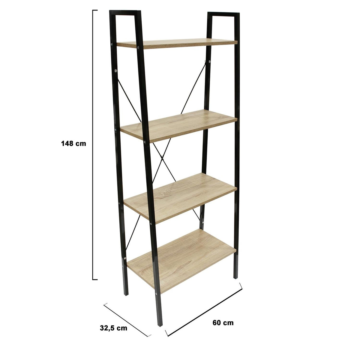 Wandrek met 4 lagen - houten planken met zwart metalen frame