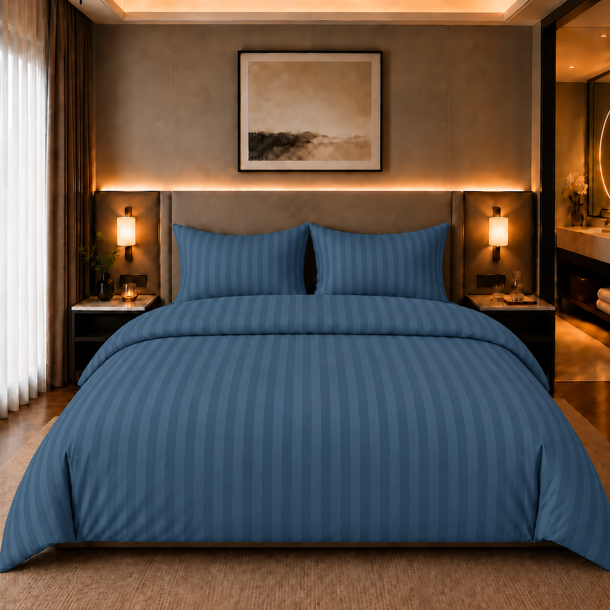 Dekbedovertrek Hotelstreep - blauw - katoensatijn