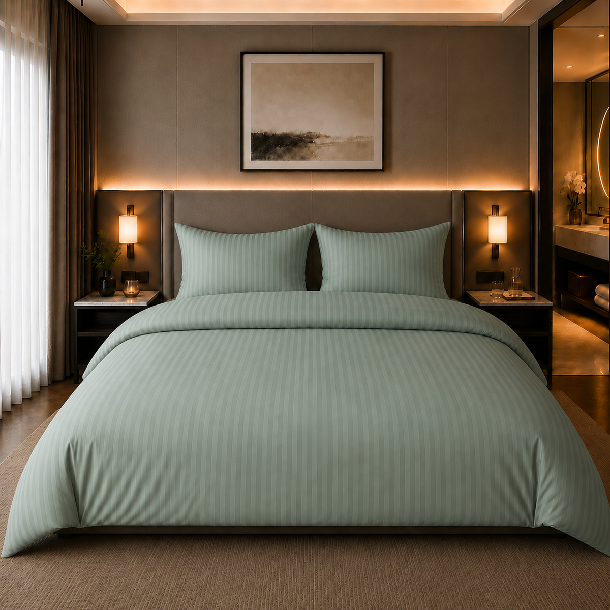 Dekbedovertrek Hotelstreep - lichtgroen - Katoensatijn
