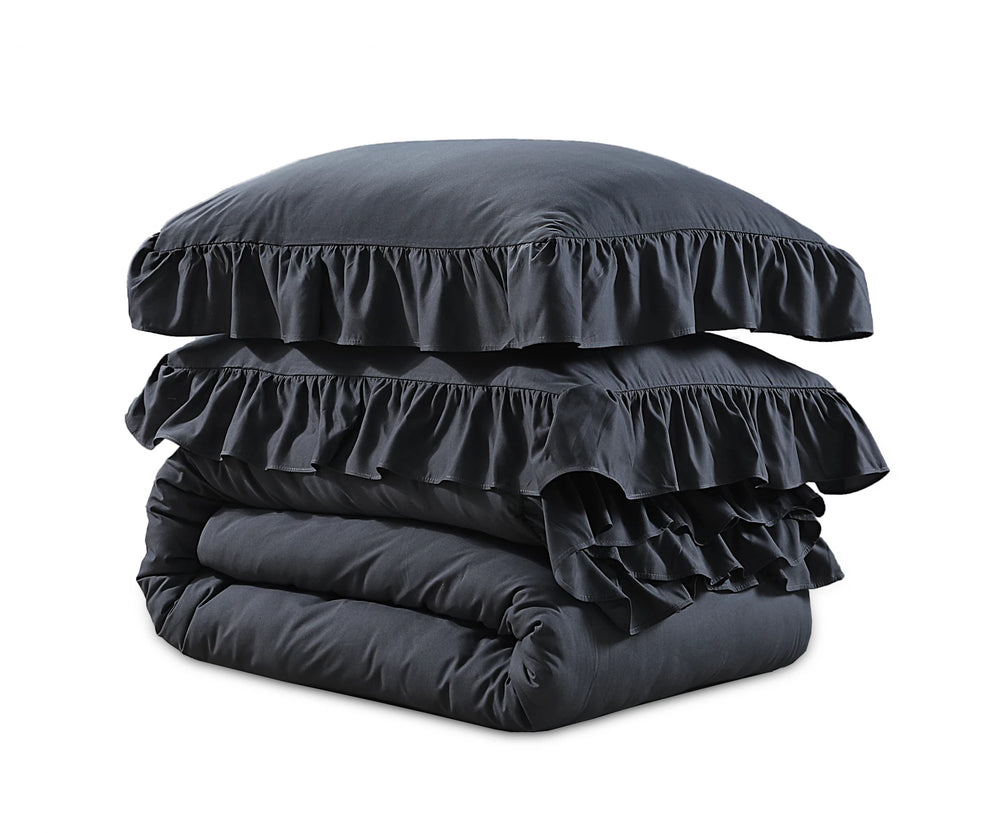 Sleeptime dekbedovertrek Ruffles - Microvezel - Antraciet - 1-persoons (140x220 + 60x70 cm)