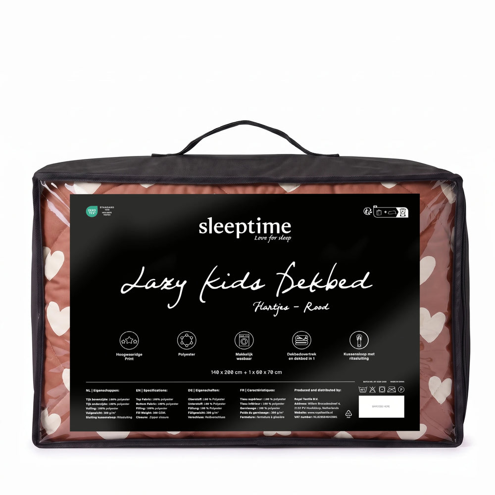 Sleeptime kinderdekbed zonder overtrek Hartjes rood in de verpakking