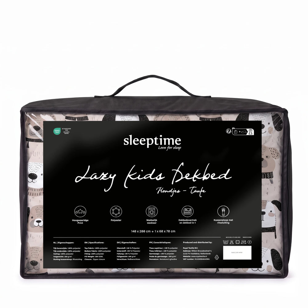 Sleeptime kinderdekbed zonder overtrek Hondjes taupe in de verpakking