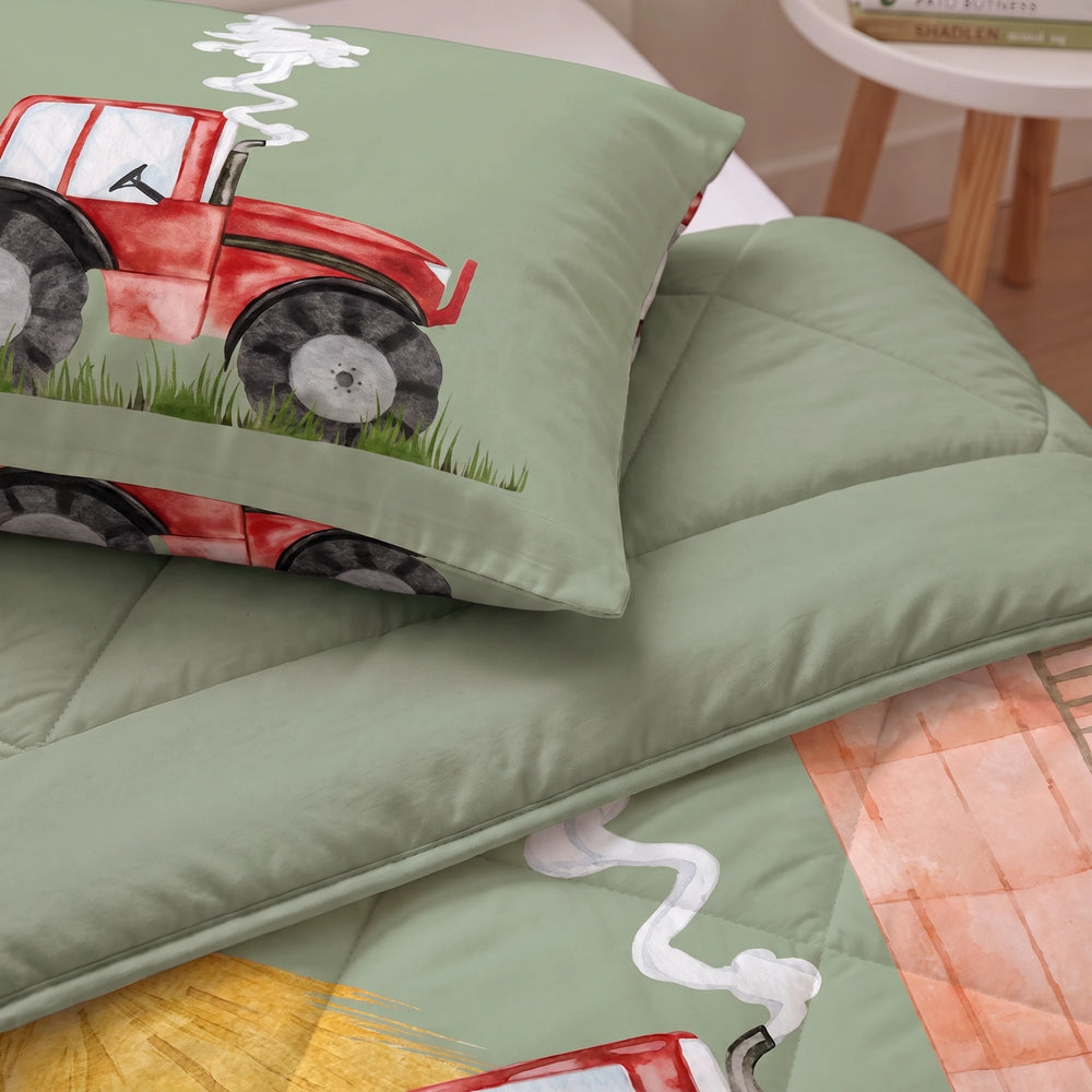Sleeptime kinderdekbed zonder overtrek Tractor groen close-up met kussensloop