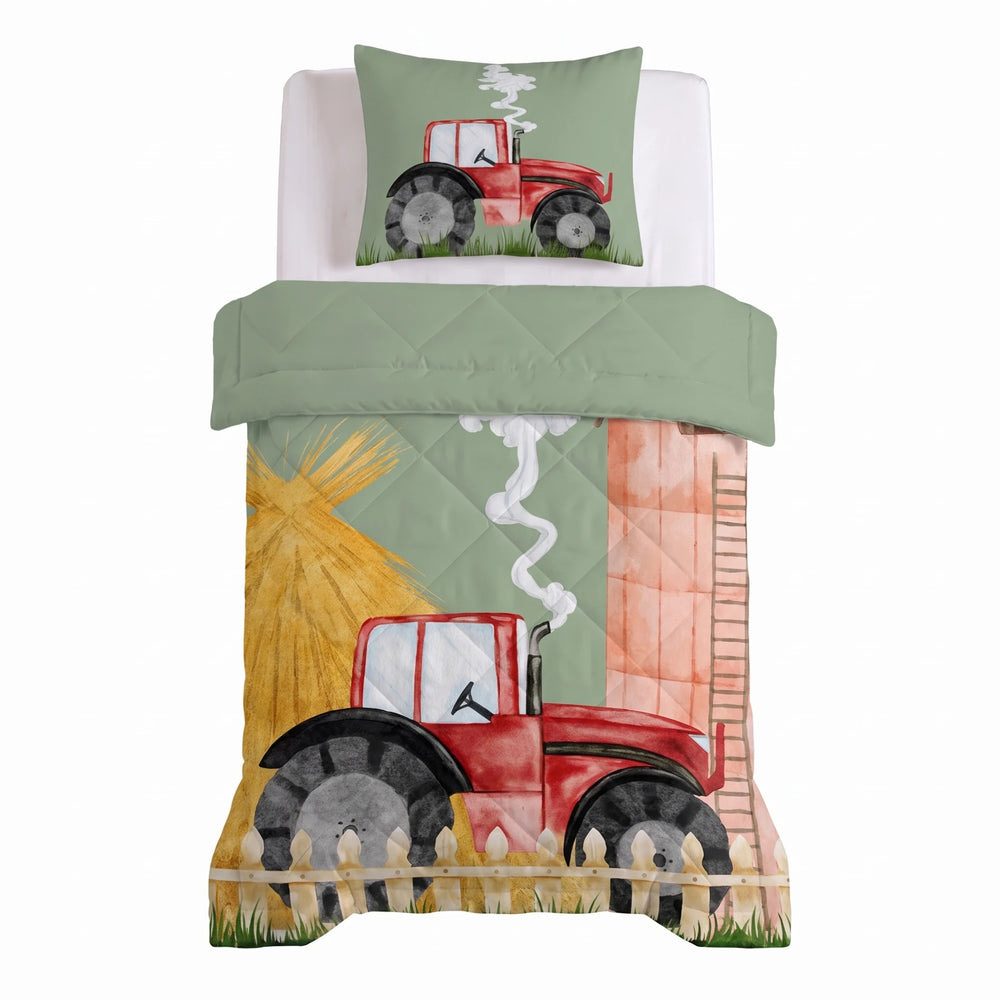 Sleeptime kinderdekbed zonder overtrek Tractor groen bovenaanzicht met kussensloop