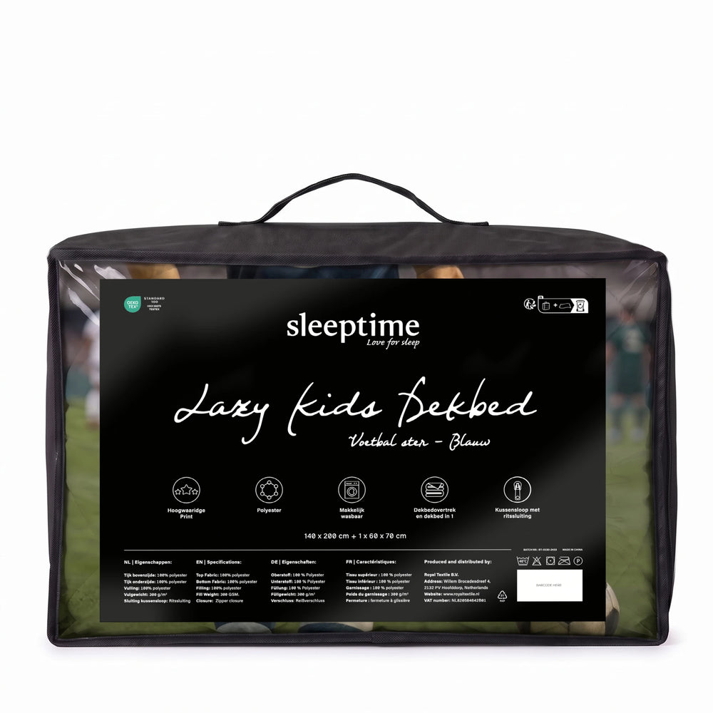 Sleeptime kinderdekbed zonder overtrek Voetbalster blauw in de verpakking