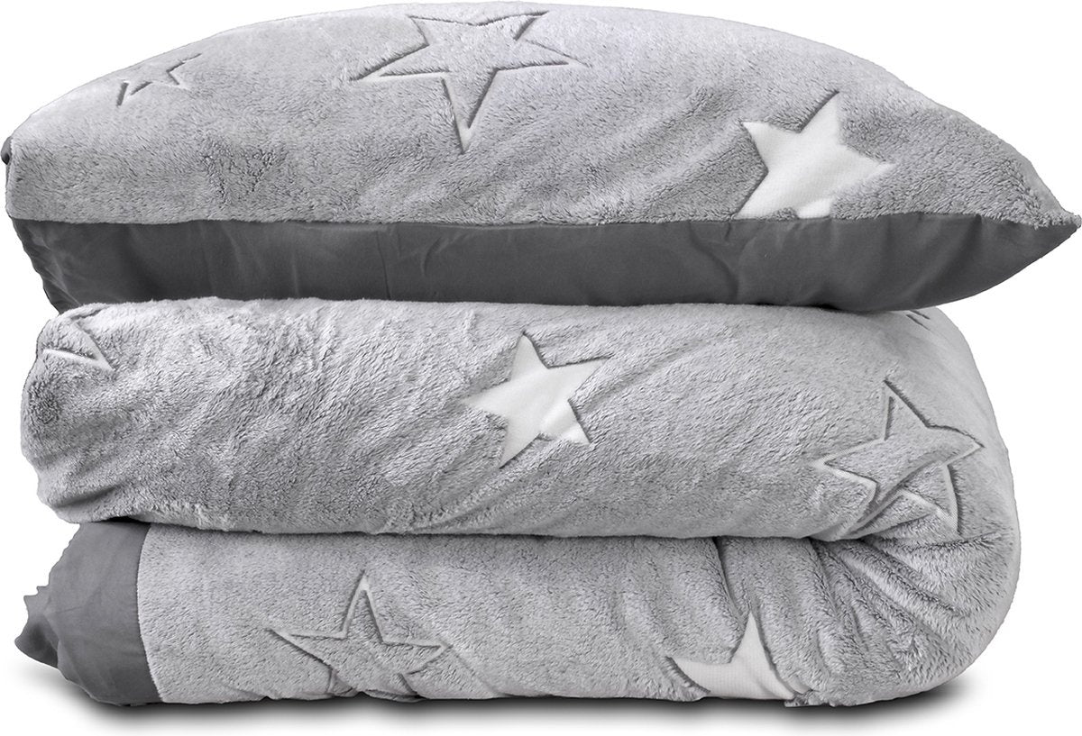 Teddy Fleece kinderdekbedovertrek - Glow in the dark - Stars - Grijs