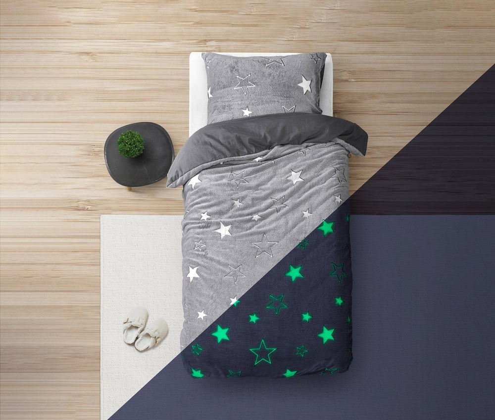 Teddy Fleece kinderdekbedovertrek - Glow in the dark - Stars - Grijs